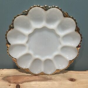 Vintage Fire King Anchor Hocking Milk Glass Deviled Egg Plate Gold Trim Serving